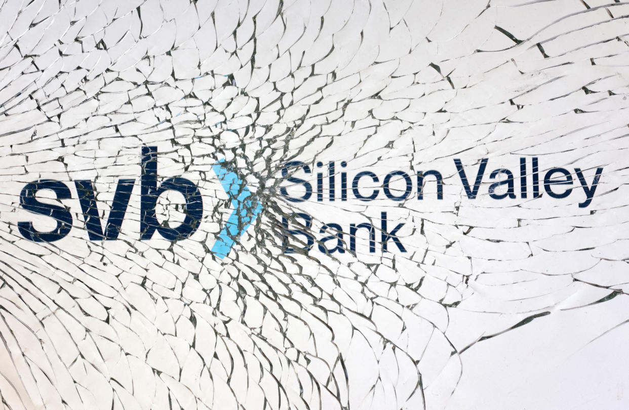 crypto SVB (Silicon Valley Bank) logo is seen through broken glass in this illustration taken March 10, 2023. REUTERS/Dado Ruvic/Illustration