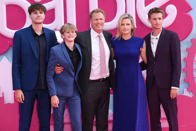 <p>Karwai Tang/WireImage</p> Mattias Paulin Ferrell, Axel Paulin Ferrell, Will Ferrell, Viveca Paulin and Magnus Paulin Ferrell attend the "Barbie" premiere in London.