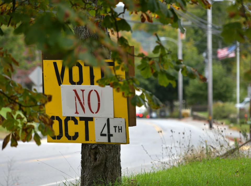 A sign along Route 31 in Spencer urges a "no" vote on the high school renovation plan.