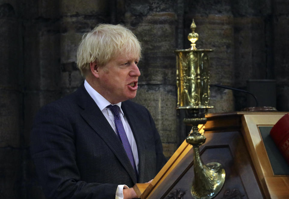 Britain's Prime Minister Boris Johnson delivers a speech a service to mark the 80th anniversary of the Battle of Britain at Westminster Abbey, London, Sunday, Sept. 20, 2020. (Aaron Chown/Pool Photo via AP)