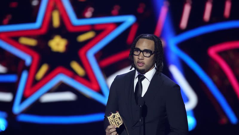 Houston Texans’ C.J. Stroud, AP offensive rookie of the year, speaks during the NFL Honors award show ahead of Super Bowl 58 Thursday, Feb. 8, 2024, in Las Vegas.