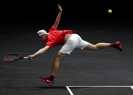 Tennis - Laver Cup - 1st Day - Prague, Czech Republic - September 22, 2017 - Denis Shapovalov of team World in action against Alexander Zverev of team Europe. REUTERS/David W Cerny