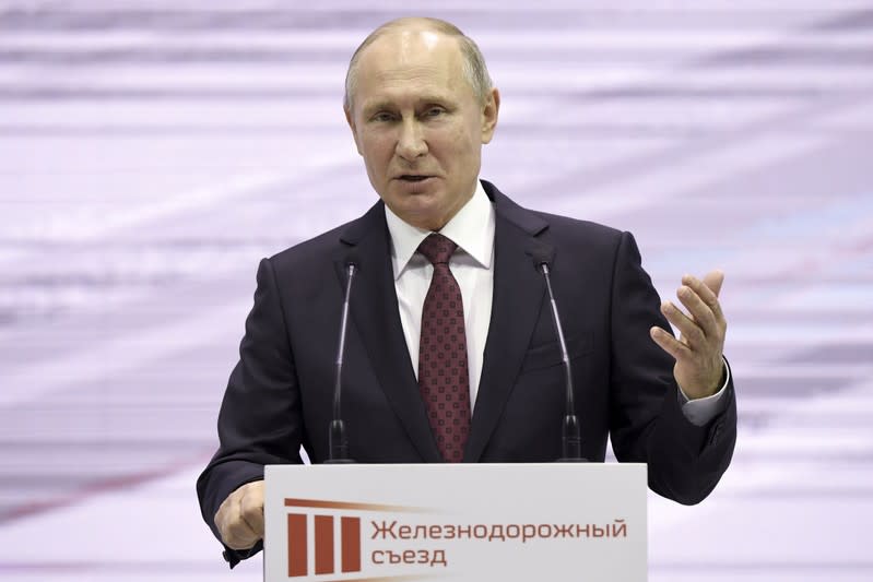 FILE PHOTO: Russian President Putin delivers a speech at the Railway Congress in Moscow