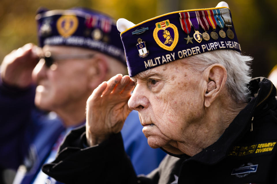 Veteran Robert Fulmer salutes during Veterans Day ceremony at the Korean War Memorial in Philadelphia, Nov. 11, 2019. (Photo: Matt Rourke/AP)