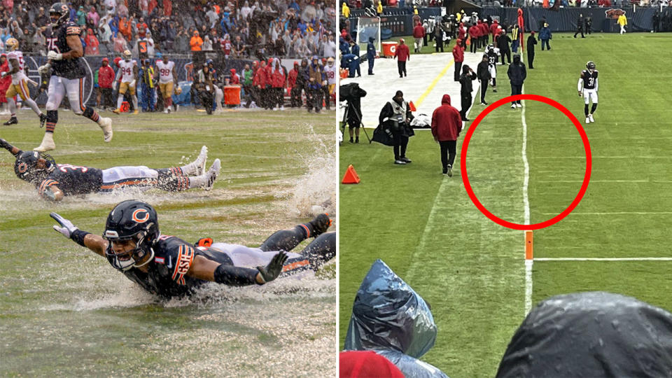 Chicago's Soldier Field was left in a shocking state after a heavy deluge of rain before the Cubs' NFL game against San Francisco. Pic: Twitter