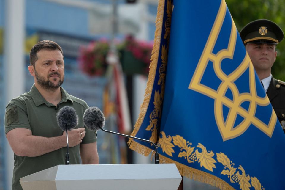 Ukraine's President Volodymyr Zelensky attends a ceremony marking the Day of Ukrainian Statehood, (via REUTERS)