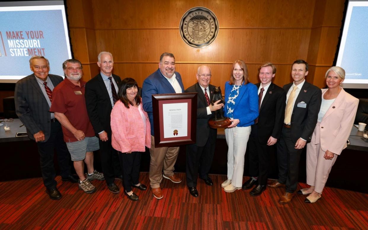The Missouri State University Board of Governors presented retiring president Clif Smart with a rare Bronze Bear Award during the May 9, 2024 meeting.