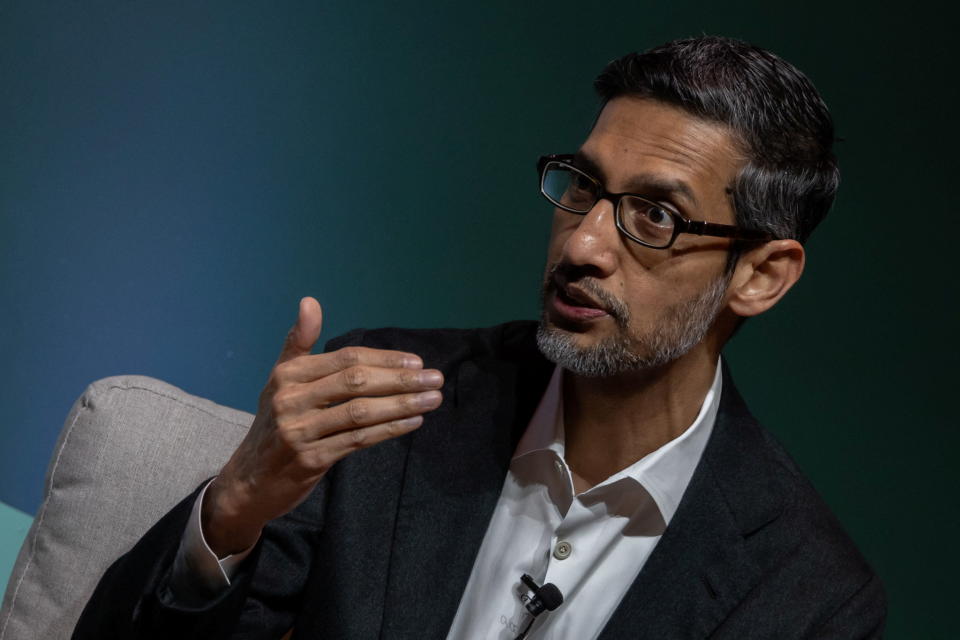 Sundar Pichai, CEO of Google and Alphabet Inc., speaks at the inaugural 2024 Business, Government, and Society Forum at the Stanford Graduate School of Business in Stanford, California, U.S., April 3, 2024. REUTERS/Carlos Barria