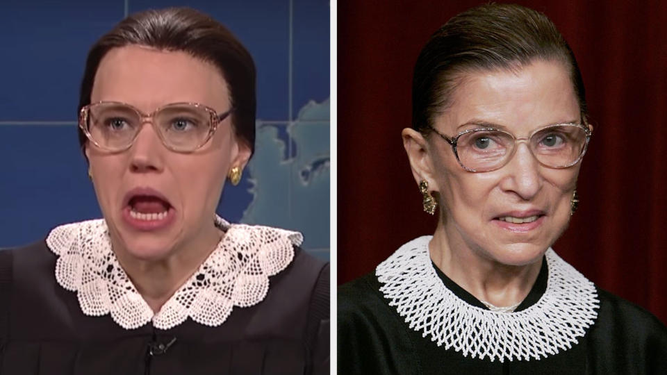 Kate McKinnon in a black robe with a white lace collar side by side with RBG