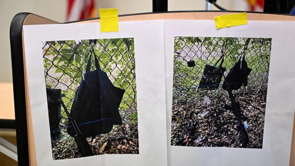 Pictures of evidence found at the fence of Donald Trump’s golf course are shown at a press conference in West Palm Beach, Florida, on Sept. 15, 2024. (Photo by Chandan Khanna/AFP via Getty Images)