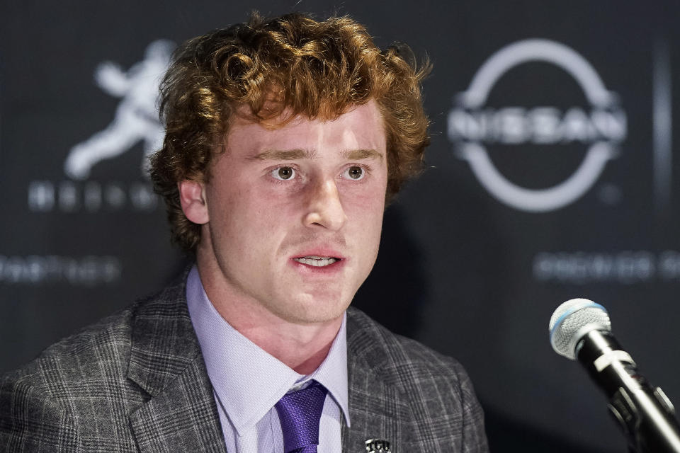 Heisman trophy finalist and TCU quarterback Max Duggan speaks during a news conference before attending the award ceremony Saturday, Dec. 10, 2022, in New York. (AP Photo/Eduardo Munoz Alvarez)