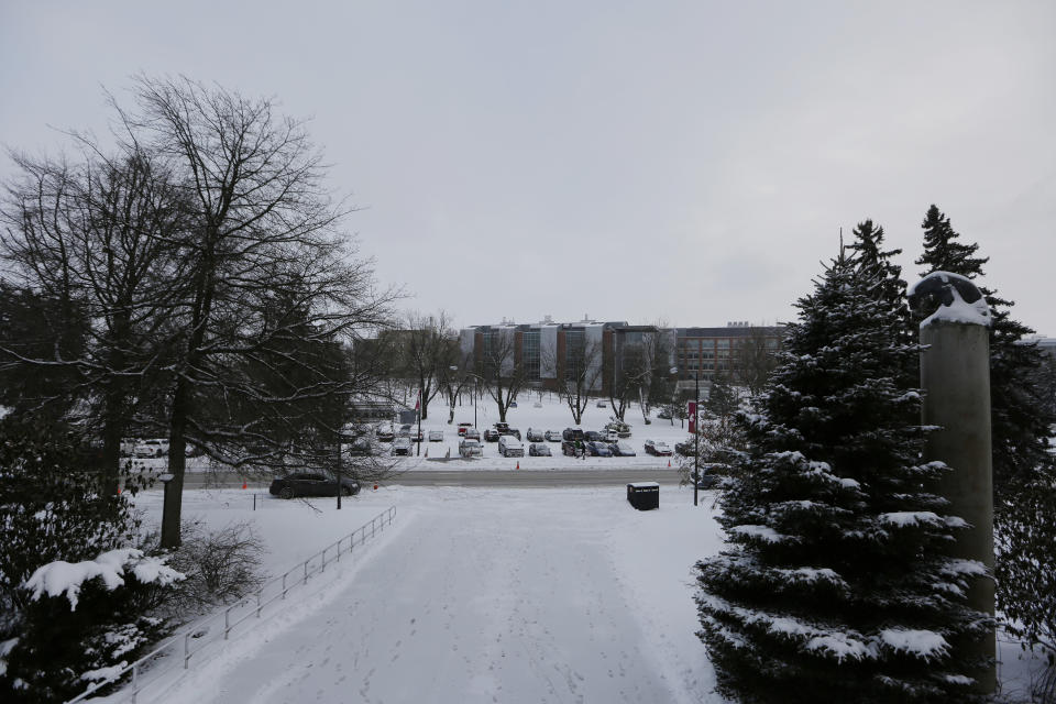 Snow covers the Washington State University campus as light snow falls in Pullman, Wash., Saturday, Feb. 13, 2021. (AP Photo/Young Kwak)