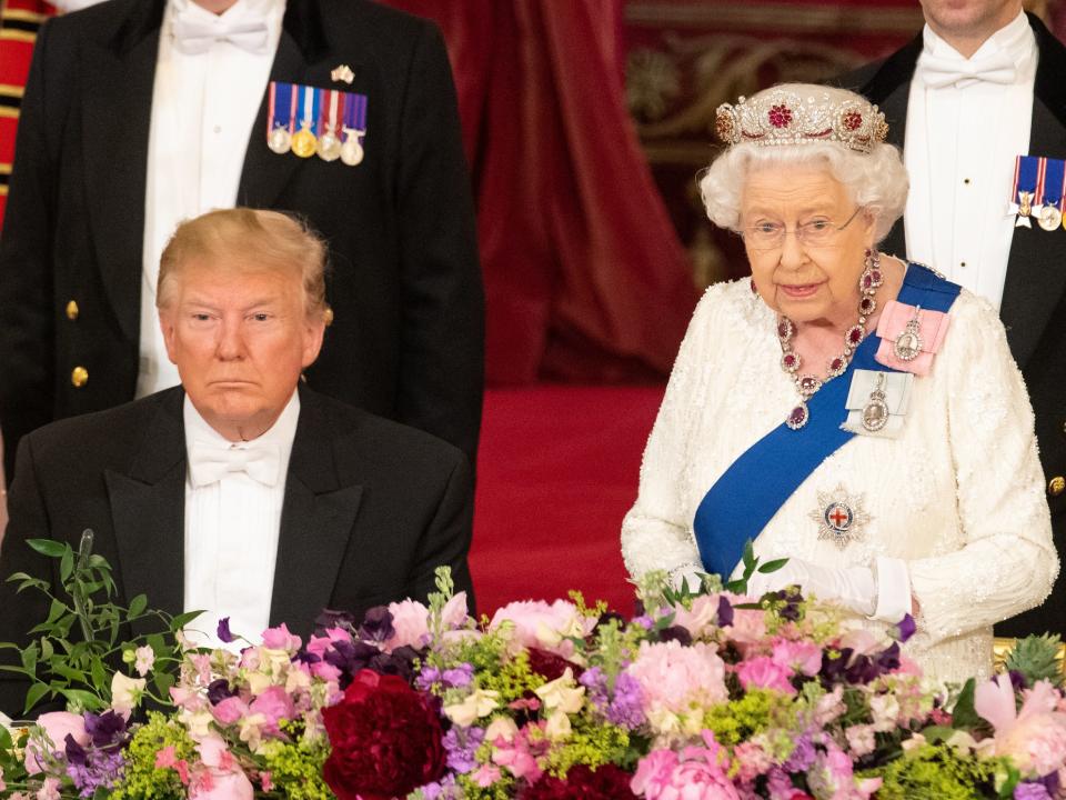 Queen Elizabeth with Donald Trump during a State Banquet at Buckingham Palace in 2019.