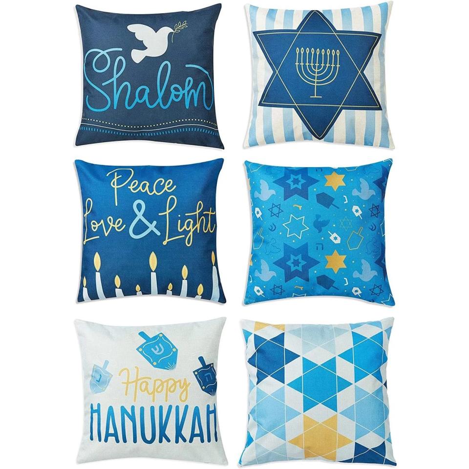 six different Hanukkah patterned throw pillow covers