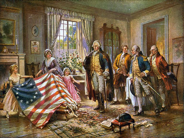 This image taken of the 1917 painting by Edward Percy Moran depicts the story of Betsy Ross presenting George Washington with the first American flag.