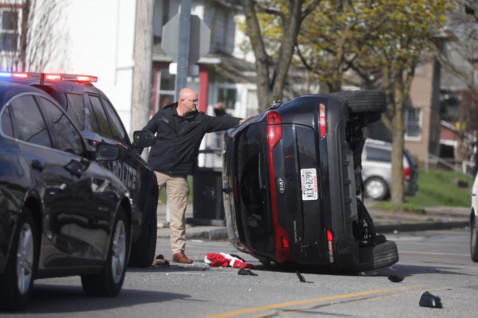 Gates, Rochester and State Police were involved in a car chase that ended with the Kia Sportage rolled over on its side on Norton St. at Hollenbeck St in Rochester. Occupants of the vehicle fled.