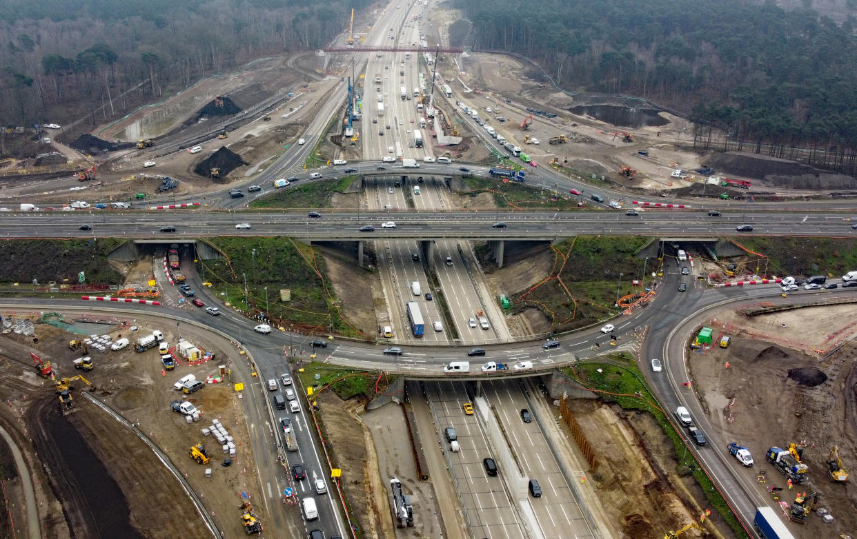 A view of traffic using junction 10 of the M25 in Surrey during a site visit ahead of a planned closure of both carriageways on the motorway from 9pm on Friday March 15 until 6am on Monday March 18. Picture date: Monday March 11, 2024. (Photo by Gareth Fuller/PA Images via Getty Images)