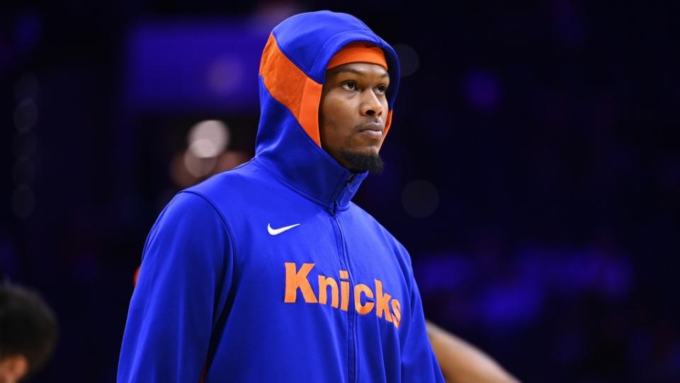 Nov 4, 2022;  Philadelphia, Pennsylvania, USA;  New York Knicks forward Cam Reddish (0) warms up before the game against the Philadelphia 76ers at Wells Fargo Center.