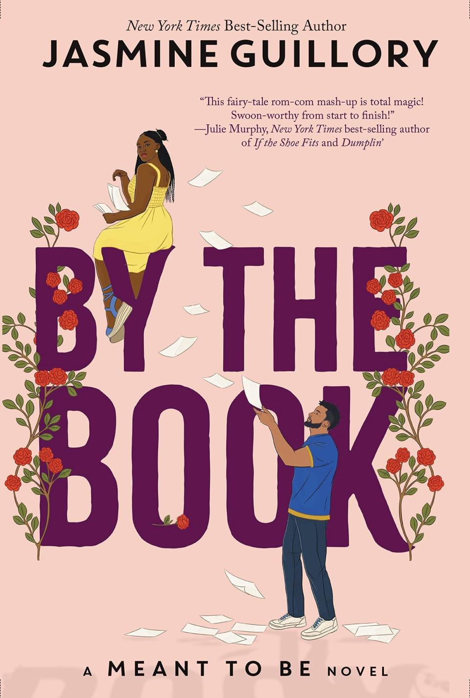 "By the Book" cover illustration of a woman sitting with pieces of paper falling from her hands and a guy standing below and grabbing them