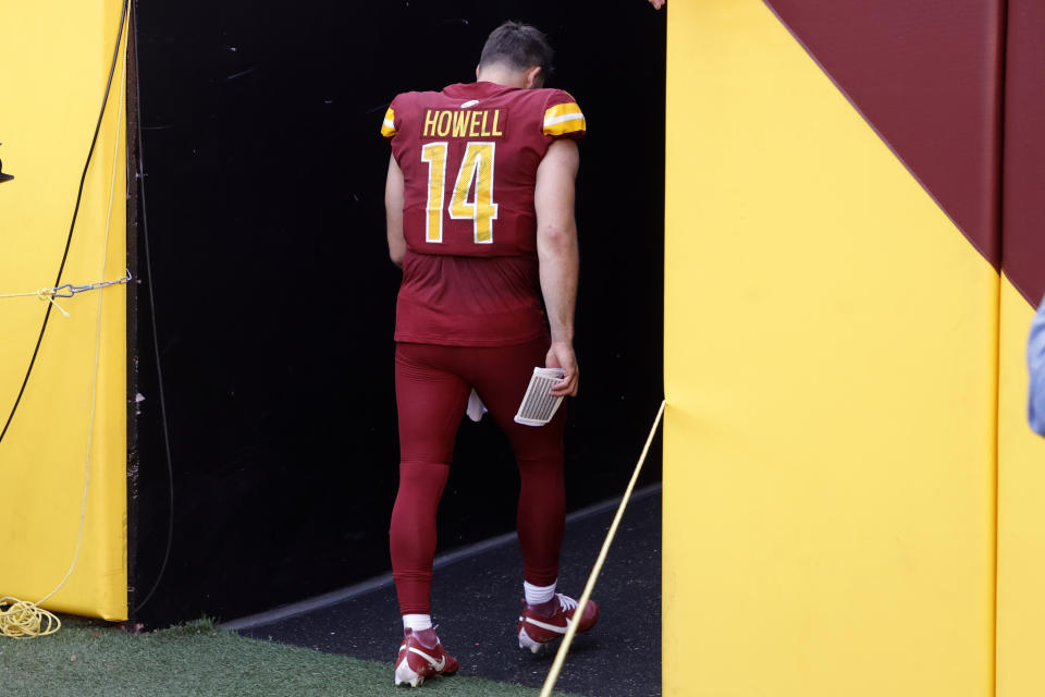 Oct 29, 2023; Landover, Maryland, USA; Washington Commanders quarterback Sam Howell (14) walks off the field after the game against the Philadelphia Eagles at FedExField. Mandatory Credit: Geoff Burke-USA TODAY Sports