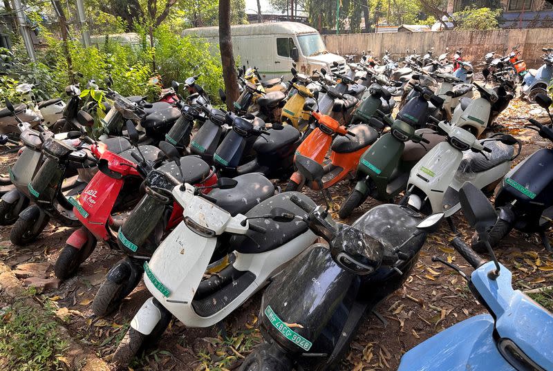 Ola electric scooters are seen outside the Ola Electric Service Centre, in Thane on the outskirts of Mumbai