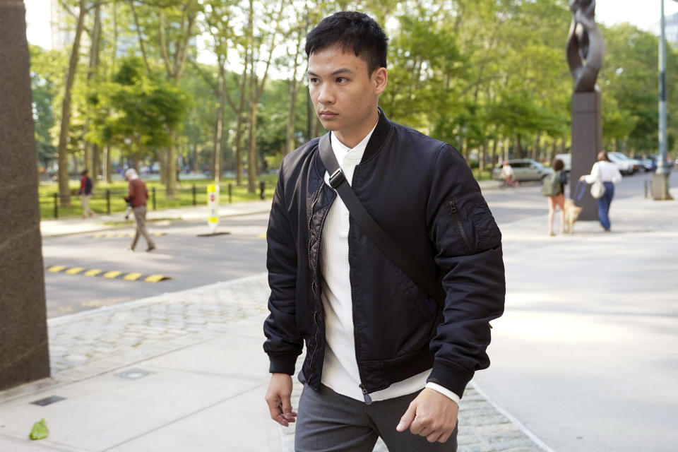 FILE - Zheng Congying leaves federal court, May 31, 2023, in the Brooklyn borough of New York. Zheng was one of three men accused of participating in an escalating series of scare tactics aimed at repatriating a former Chinese official who was living quietly in New Jersey. Zheng was convicted of stalking and stalking conspiracy but acquitted of the other charges. (AP Photo/Mary Altaffer, File)