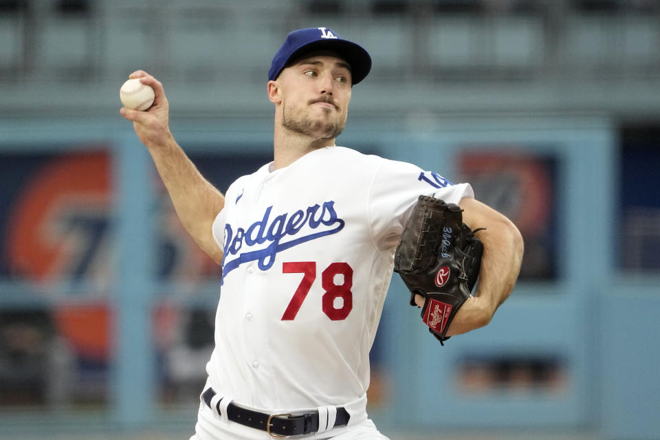 Los Angeles Dodgers starting pitcher Michael Grove throws to the plate during the first inning of a baseball game against the Chicago White Sox Thursday, June 15, 2023, in Los Angeles. (AP Photo/Mark J. Terrill)
