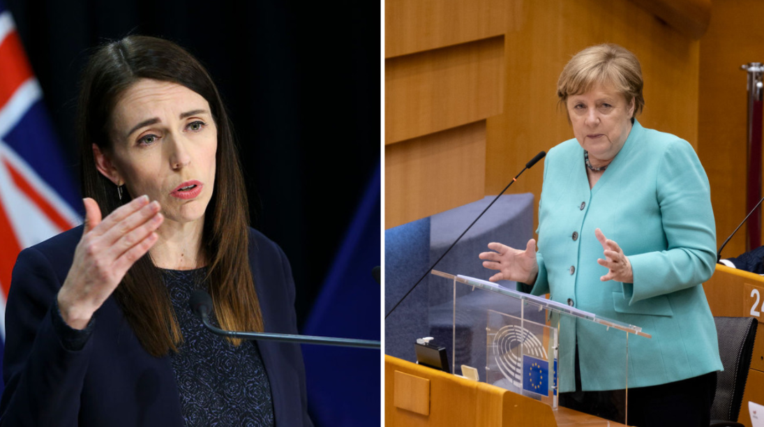 Jacinda Ardern and Angela Merkel have been held up as examples of strong leadership. Images: Getty