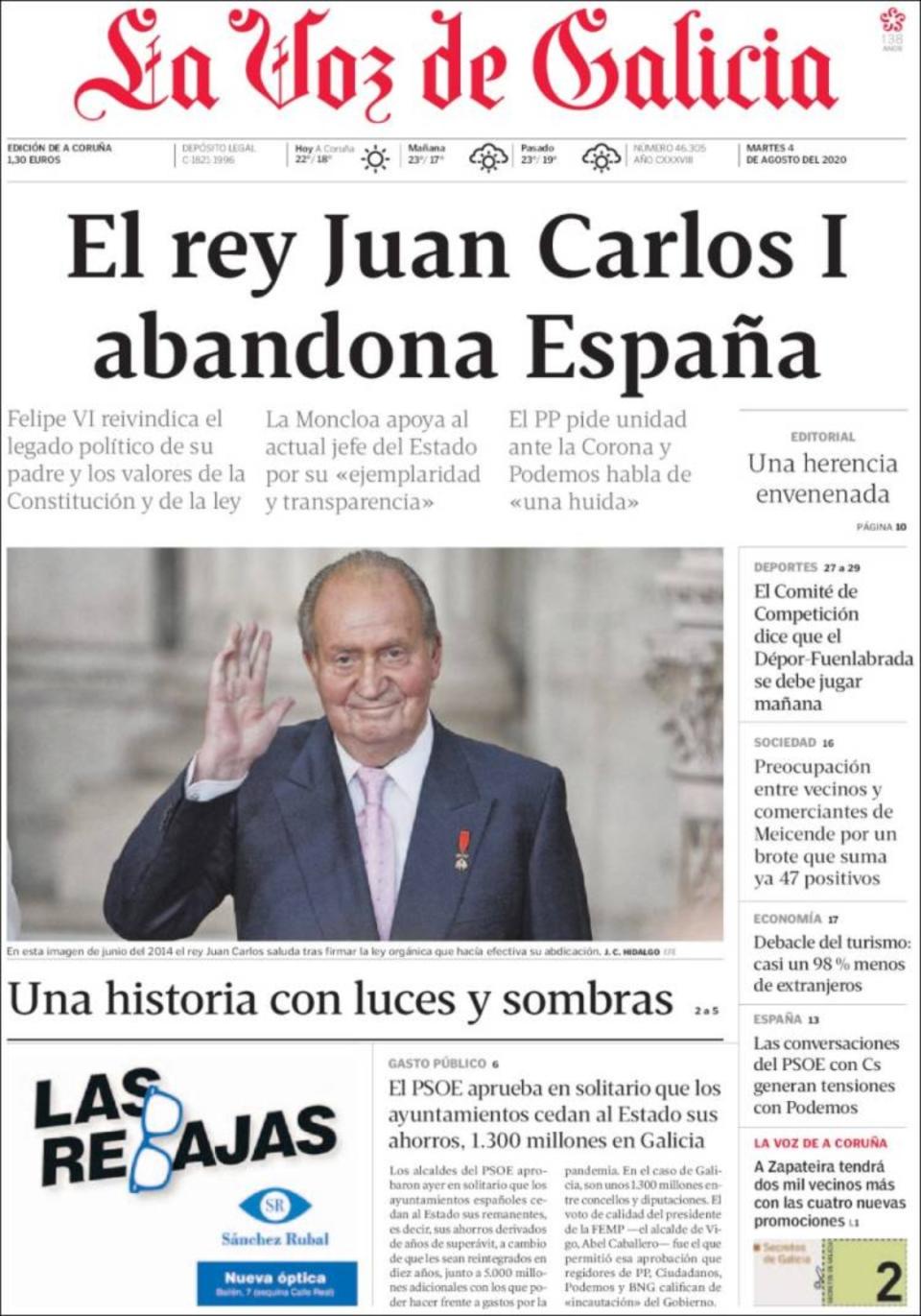 “El rey Juan Carlos I abandona España”, dice ‘La Voz de Galicia’, que destaca que Felipe VI reivindica el legado político de su padre y los valores de la Constitución y la ley. (Foto: <a href="http://www.lavozdegalicia.es/" rel="nofollow noopener" target="_blank" data-ylk="slk:La Voz de Galicia;elm:context_link;itc:0;sec:content-canvas" class="link ">La Voz de Galicia</a>).