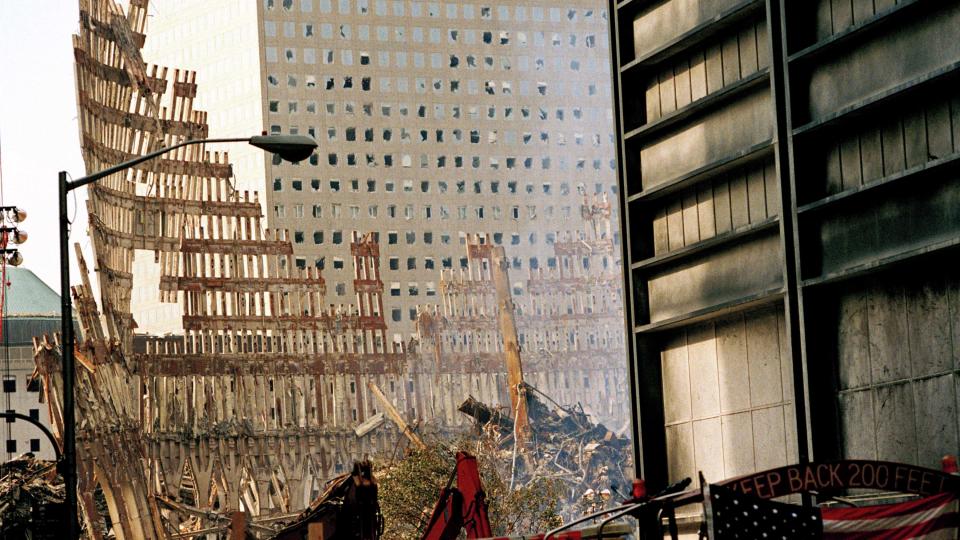 Steel Skeleton of World Trade Center Tower South (one) in Ground Zero days after September 11, 2001 terrorist attack which collapsed the 110 story twin towers in New York City, NY, USA.