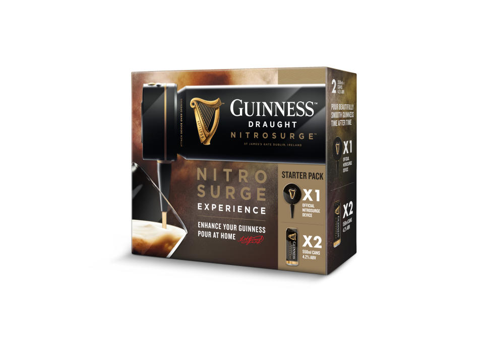 Guinness Starter Pack with a NITROSURGE device and two cans of Guinness