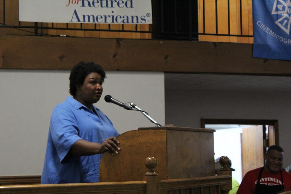 Democratic gubernatorial candidate Stacey Abrams speaks on Labor Day, Sept. 5, 2022 at the UAW Hall in Atlanta.