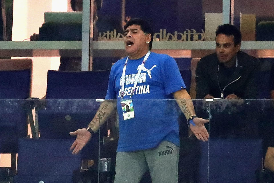 <p>Former Argentina player Diego Maradona reacts during the 2018 FIFA World Cup Russia group D match between Argentina and Croatia at Nizhny Novgorod Stadium on June 21, 2018 in Nizhny Novgorod, Russia. (Photo by Chris Brunskill/Fantasista/Getty Images) </p>