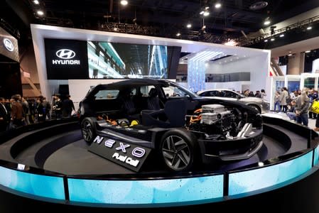 FILE PHOTO: A cutaway display of a Hyundai NEXO fuel cell car is shown at the Las Vegas Convention Center during the 2018 CES in Las Vegas