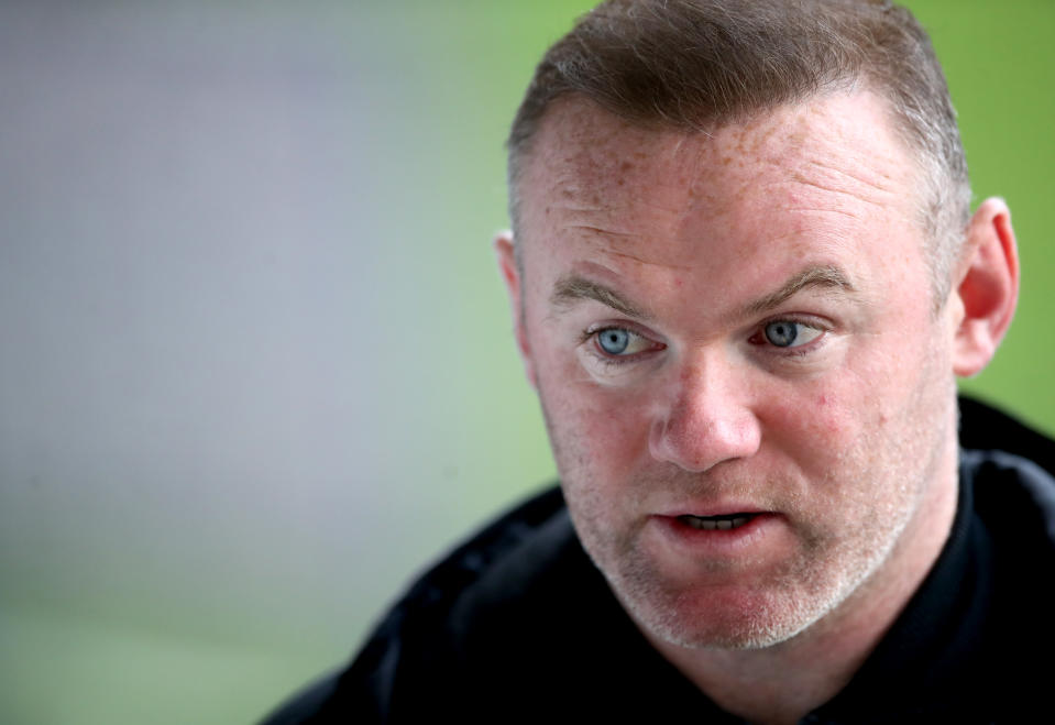 Derby County manager Wayne Rooney is interviewed at the end of the Sky Bet Championship match at the Liberty Stadium, Swansea. Issue date: Saturday May 1, 2021. (Photo by Nick Potts/PA Images via Getty Images)