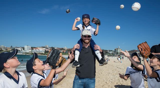 LA Dodgers players meet some local little leaguers. Photo: James Horan/Destination NSW