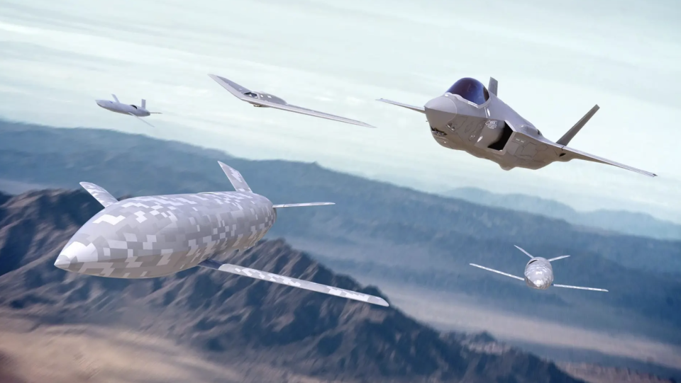 Concept art from Lockheed Martin showing an F-35 Joint Strike Fighter, top right, flying with various types of uncrewed aircraft. <em>Lockheed Martin</em>