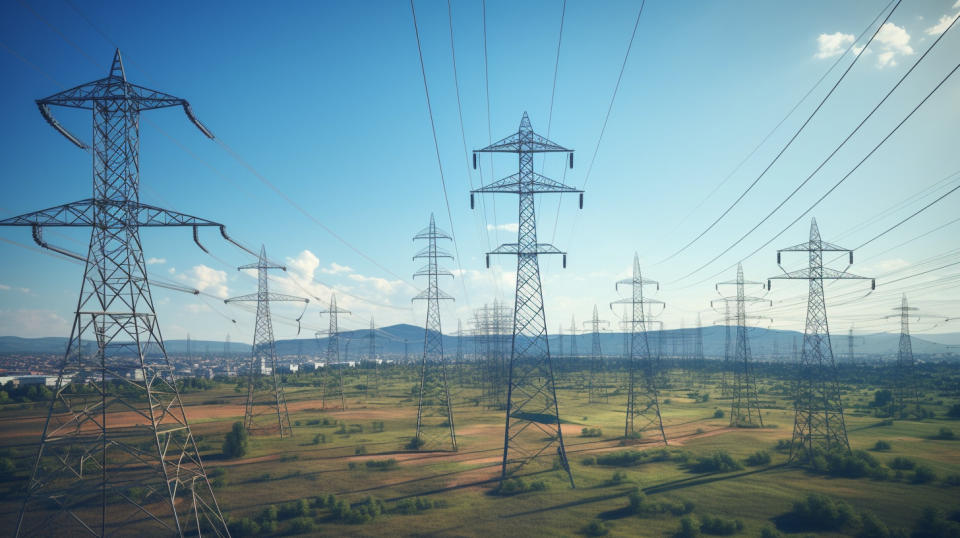 An overhead view of numerous high-voltage power lines crossing a skyline.