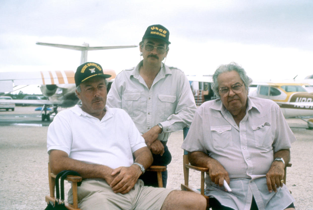 British diirector Jon Glen and American producer Albert R.Broccoli on the set of Licence to Kill. (Photo by Sunset Boulevard/Corbis via Getty Images)