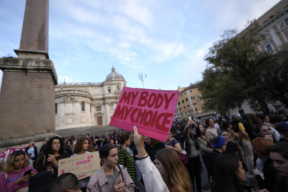 People stage a protest on 'International Safe Abortion Day' to ask for more guarantees on the enforcement of the abortion law that they claim is seriously endangered by the high rate of doctors' conscientious objection in the country, in Rome, Wednesday, Sept. 28, 2022. (AP Photo/Alessandra Tarantino)