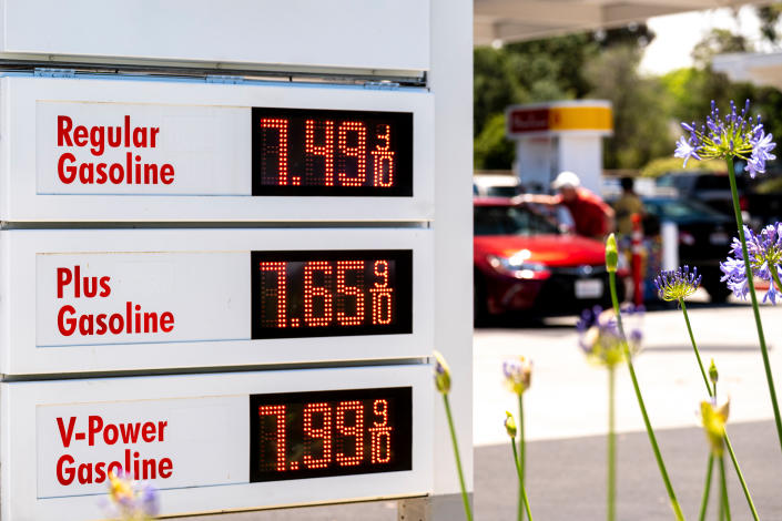 Fuel prices at a Shell station in Menlo Park, Calif.