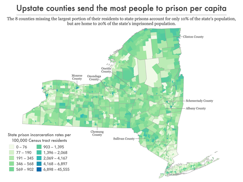 The nonprofit Prison Policy Initiative used census data to find where people incarcerated came from in New York. Increasingly, incarcerated people come from Upstate counties.