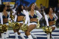 <p>The San Diego Chargers cheerleaders perform during the first half of an NFL football game against the Denver Broncos Thursday, Oct. 13, 2016, in San Diego. (AP Photo/Lenny Ignelzi) </p>