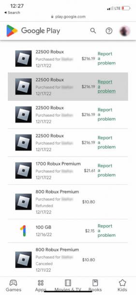 PHOTO: Howard shared a screenshot with 'GMA' showing the unauthorized Roblox purchases her son made. (Courtesy of Kayla Howard)