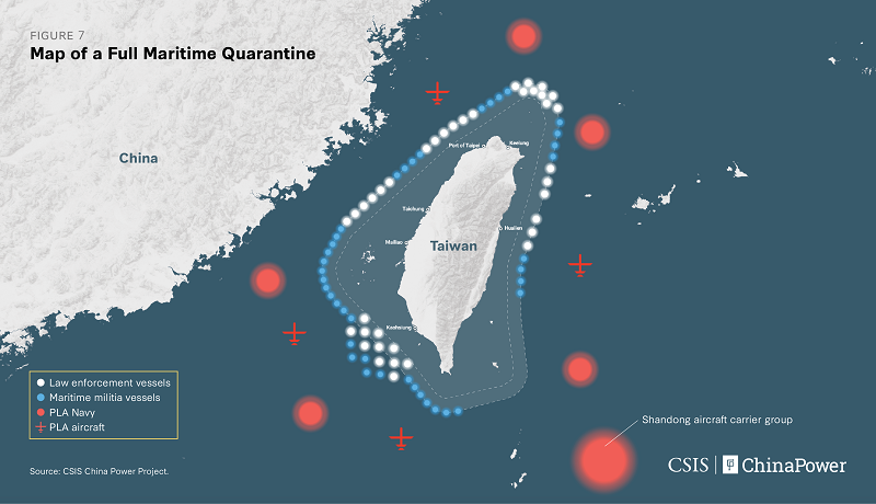 <cite>中共「類封鎖」台灣示意圖。（CSIS官網）</cite>