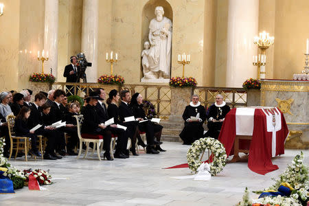 The royal family, Princess Marie, Prince Joachim, Crown Princess Mary, Crown Prince Frederik and Queen Margrethe during the funeral of Prince Henrik at Christiansborg Palace Chapel in Copenhagen, Denmark February 20, 2018. Henning Bagger/Scanpix Denmark/via REUTERS