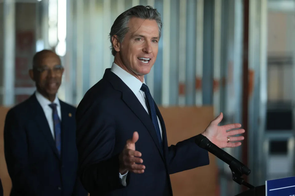 Gavin Newsom speaks during a news conference in Los Angeles.