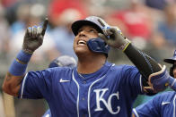 Kansas City Royals' Salvador Perez looks up after hitting a two-run home run in the fifth inning in the first baseball game of a doubleheader against the Cleveland Indians, Monday, Sept. 20, 2021, in Cleveland. The home run broke Johnny Bench's record for the most home runs in a season by a primary catcher. (AP Photo/Tony Dejak)