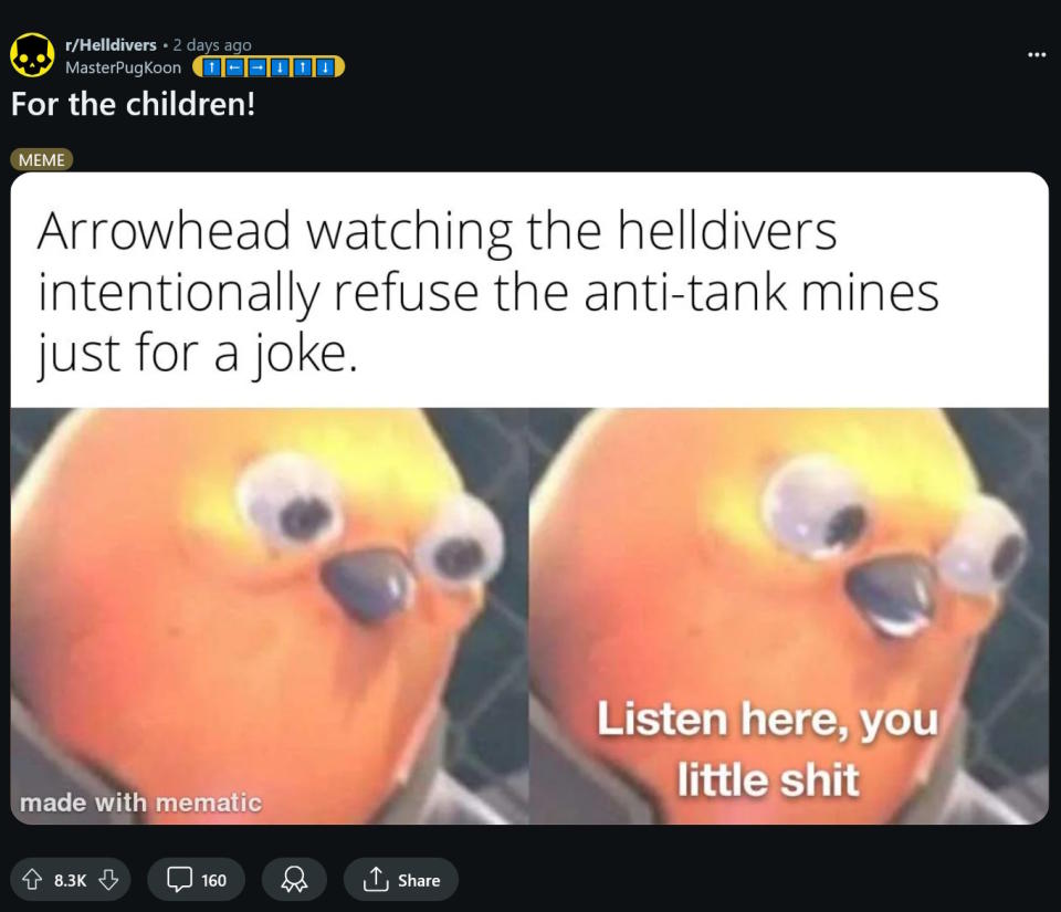 Helldivers 2 'Save the Children' meme