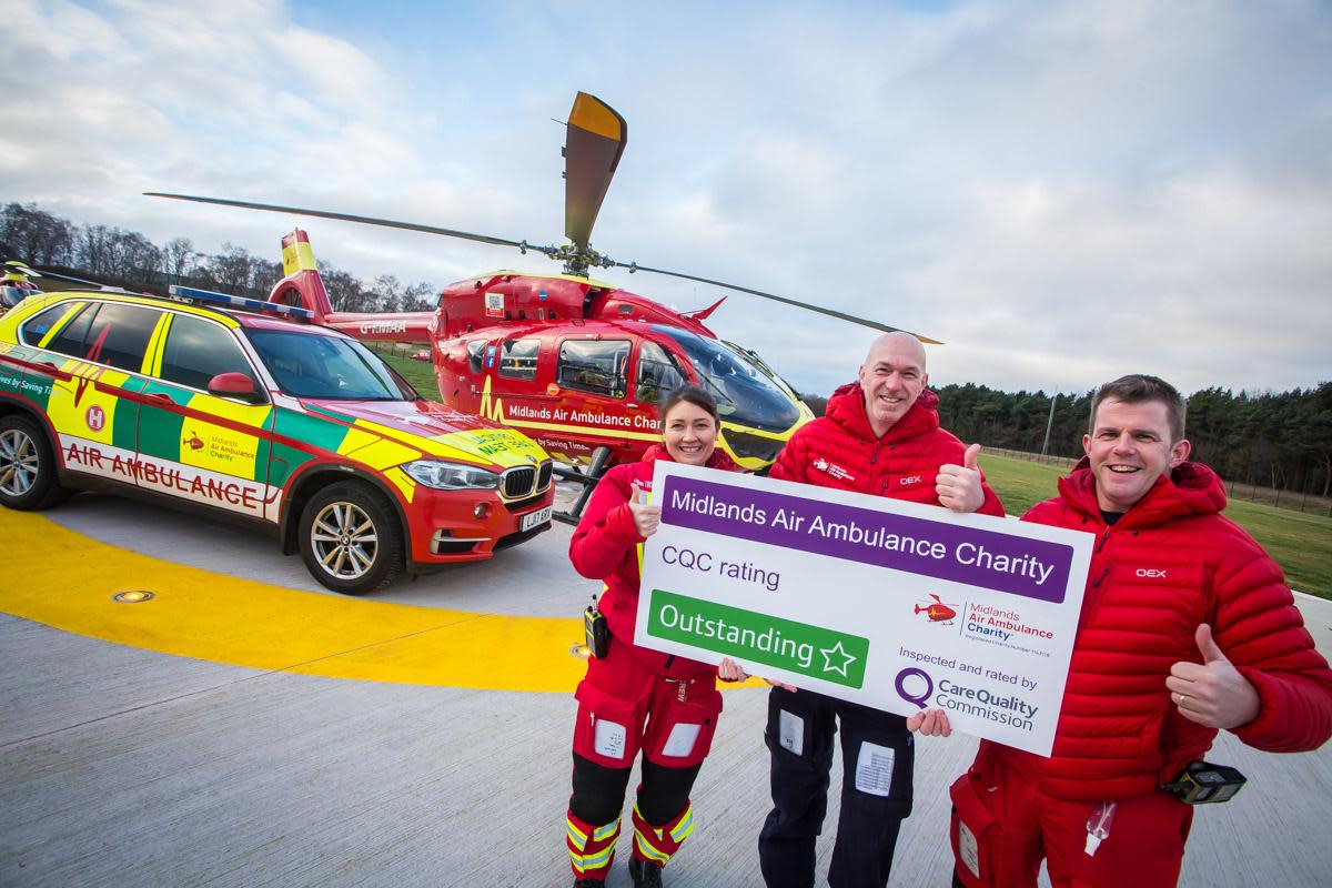 L to R: Sarah Folley, critical care paramedic, Captain Tim Jones, pilot, and Rob Davies, critical care paramedic and patient liaison lead for Midlands Air Ambulance Charity <i>(Image: Midlands Air Ambulance Charity)</i>